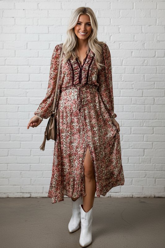 Autumn Rose Tiered Midi Dress