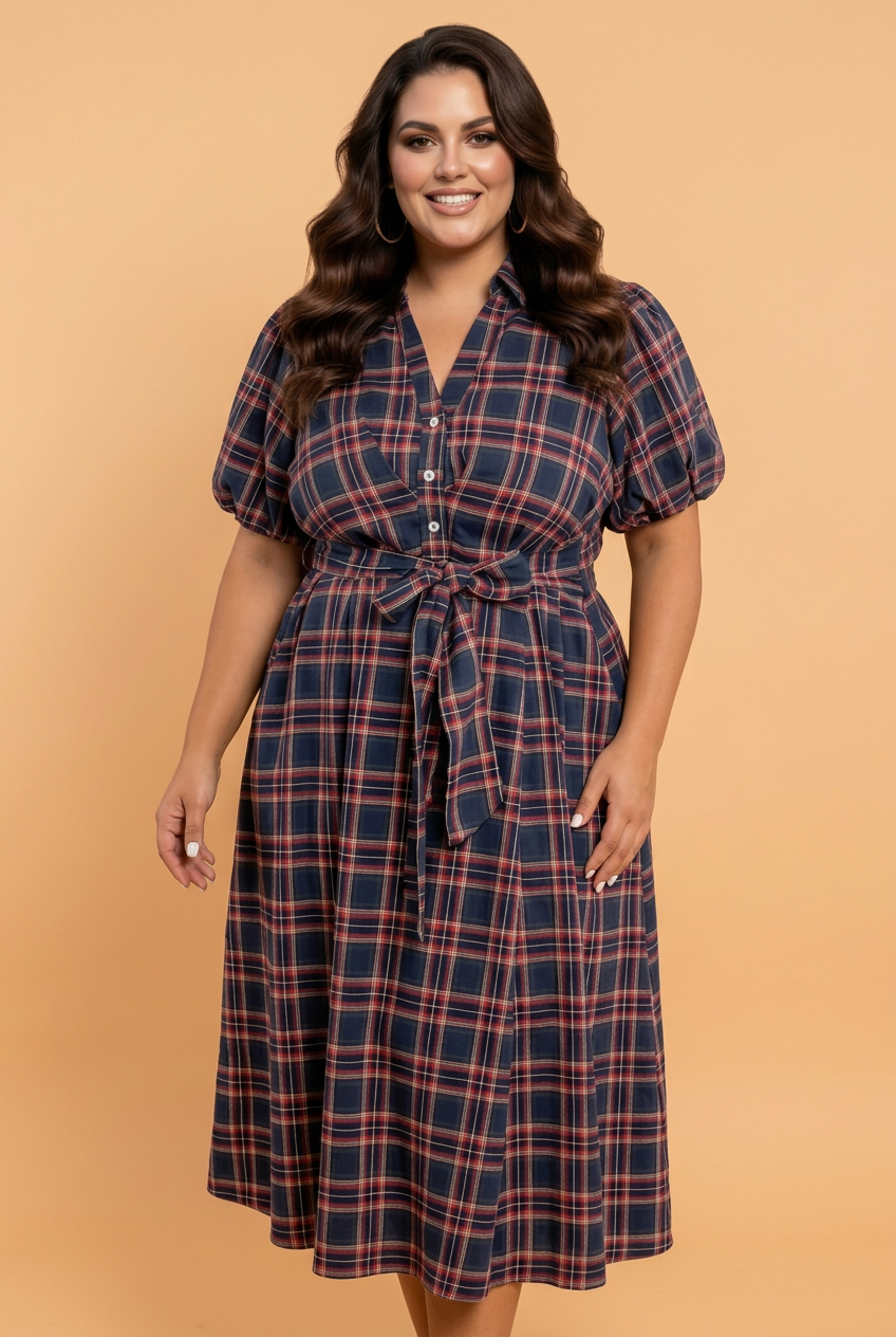Autumn Ridge Plaid Belted Midi Dress