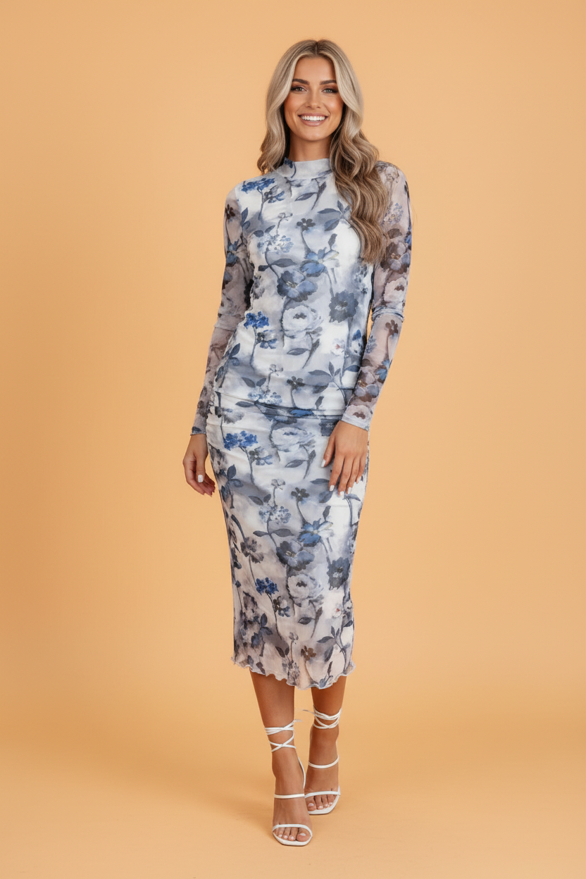 Blue Prairie Floral Mesh Midi Dress