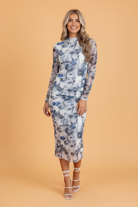 Blue Prairie Floral Mesh Midi Dress