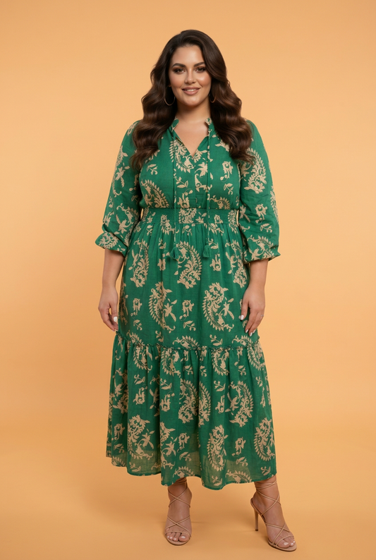 Emerald Prairie Floral Midi Dress