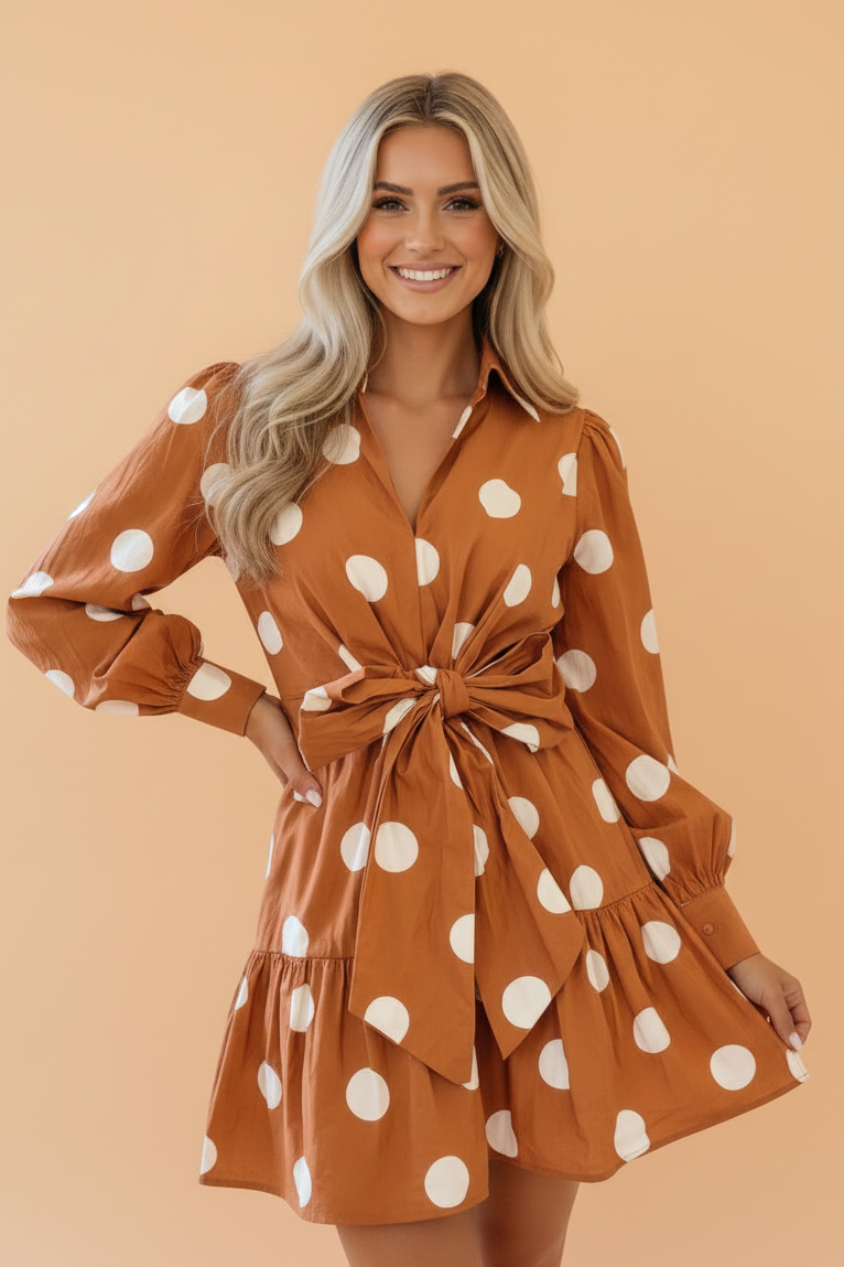 Caramel Dot Tie-Waist Mini Dress