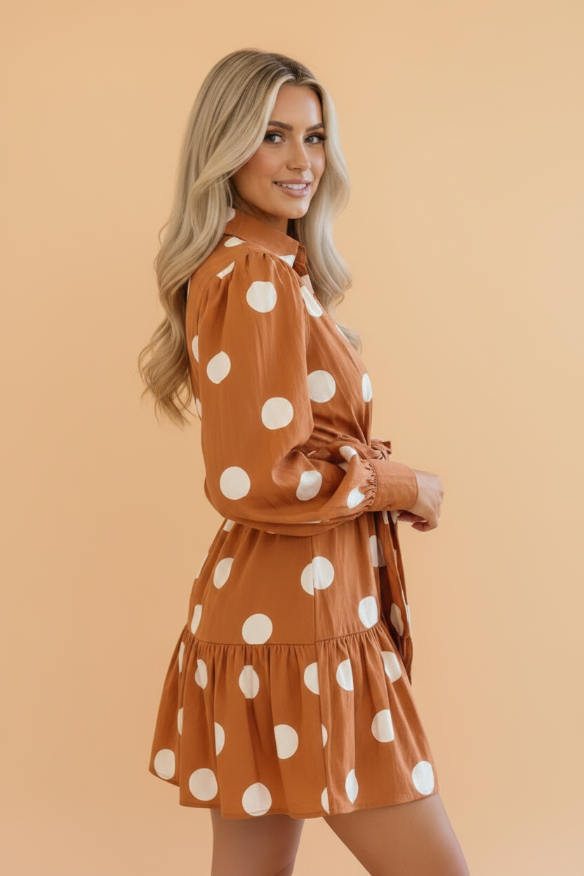 Caramel Dot Tie-Waist Mini Dress