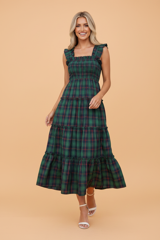 Highland Plaid Smocked Midi Dress