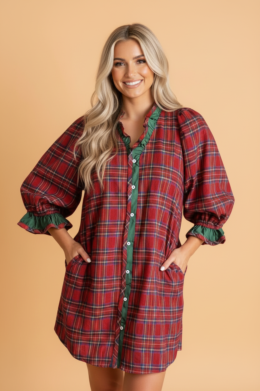 Cedar & Cranberry Plaid Ruffle Mini Dress
