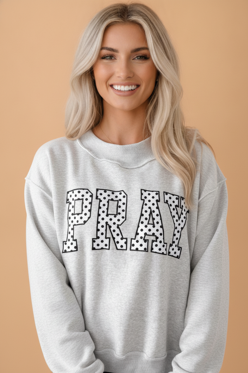 Pray Embroidered Polka Dot Crewneck Sweatshirt