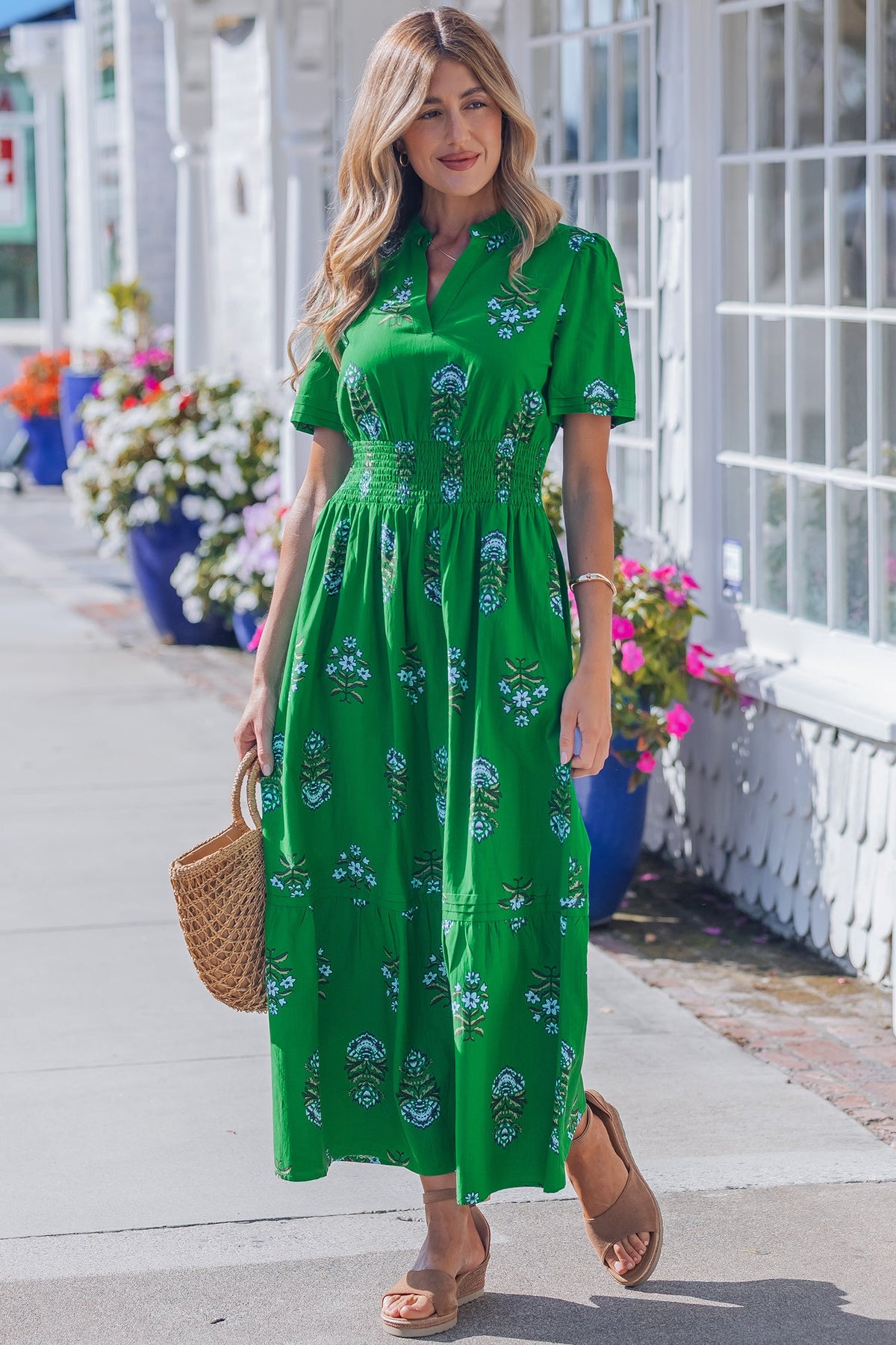 Emerald Wildflower Smocked Maxi Dress