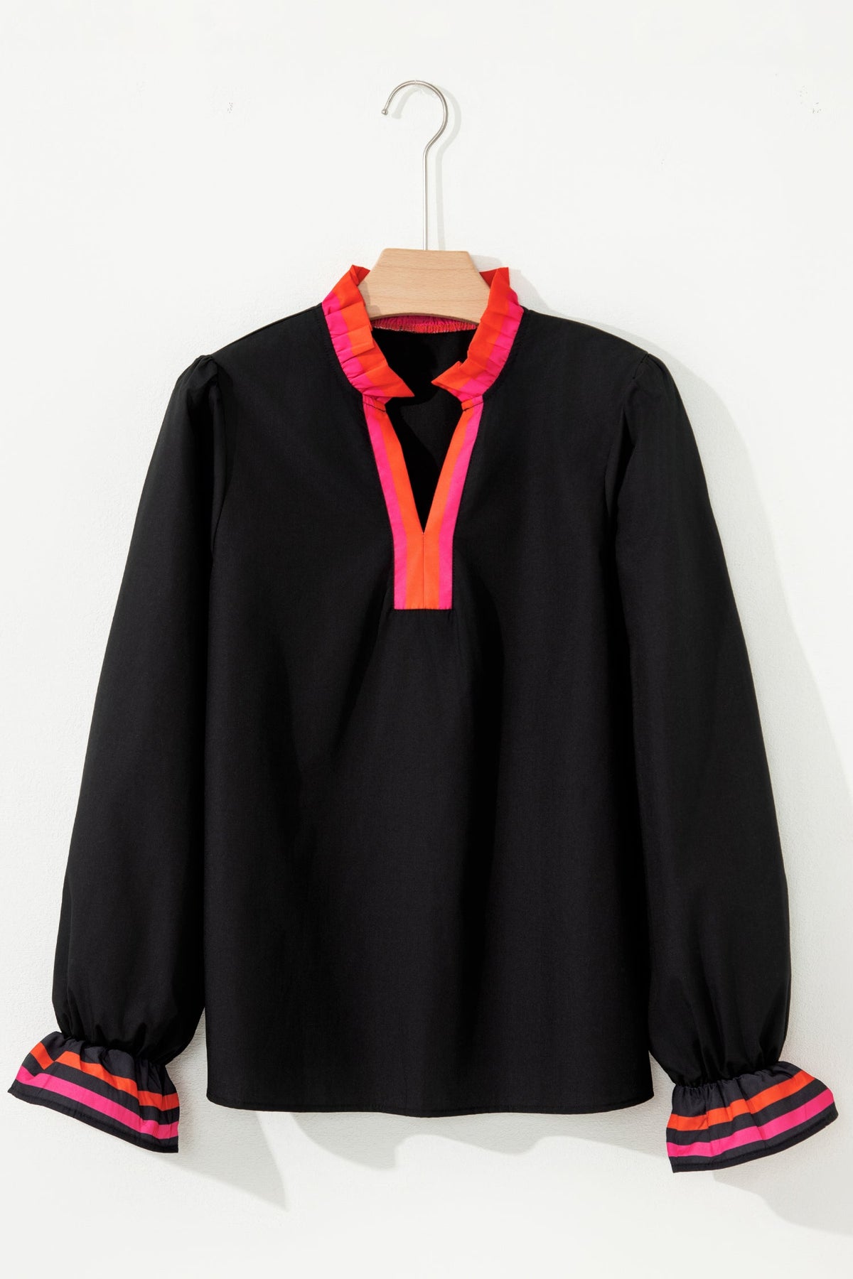 Ruffle & Stripe Split-Neck Blouse