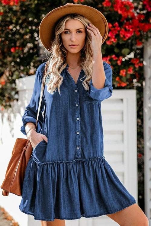 Saddle & Bloom Ruffled Denim Shirt Dress