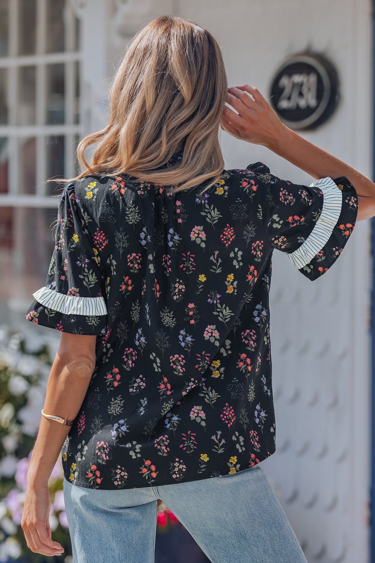 Midnight Meadow Contrast-Trim Blouse