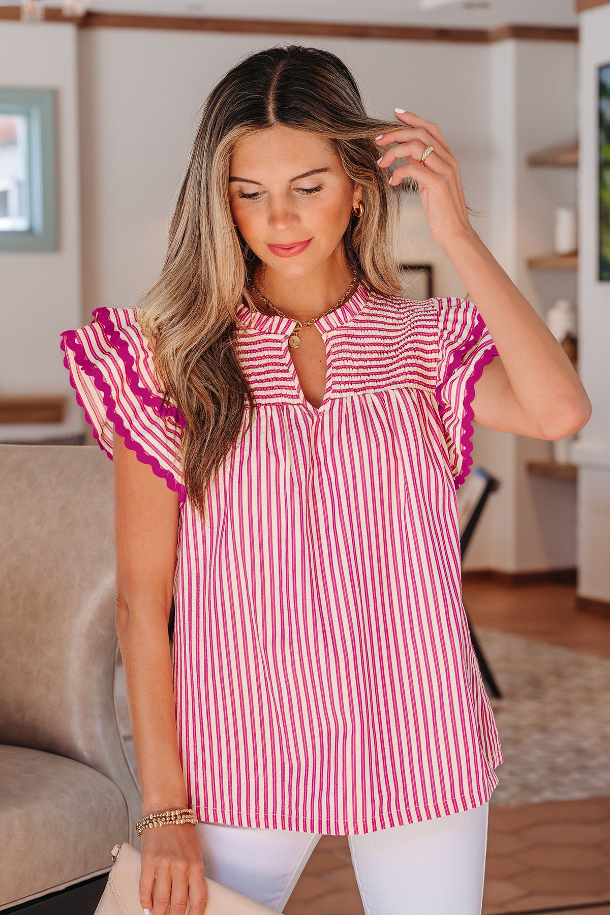Pink Prairie Stripe Ruffle Blouse