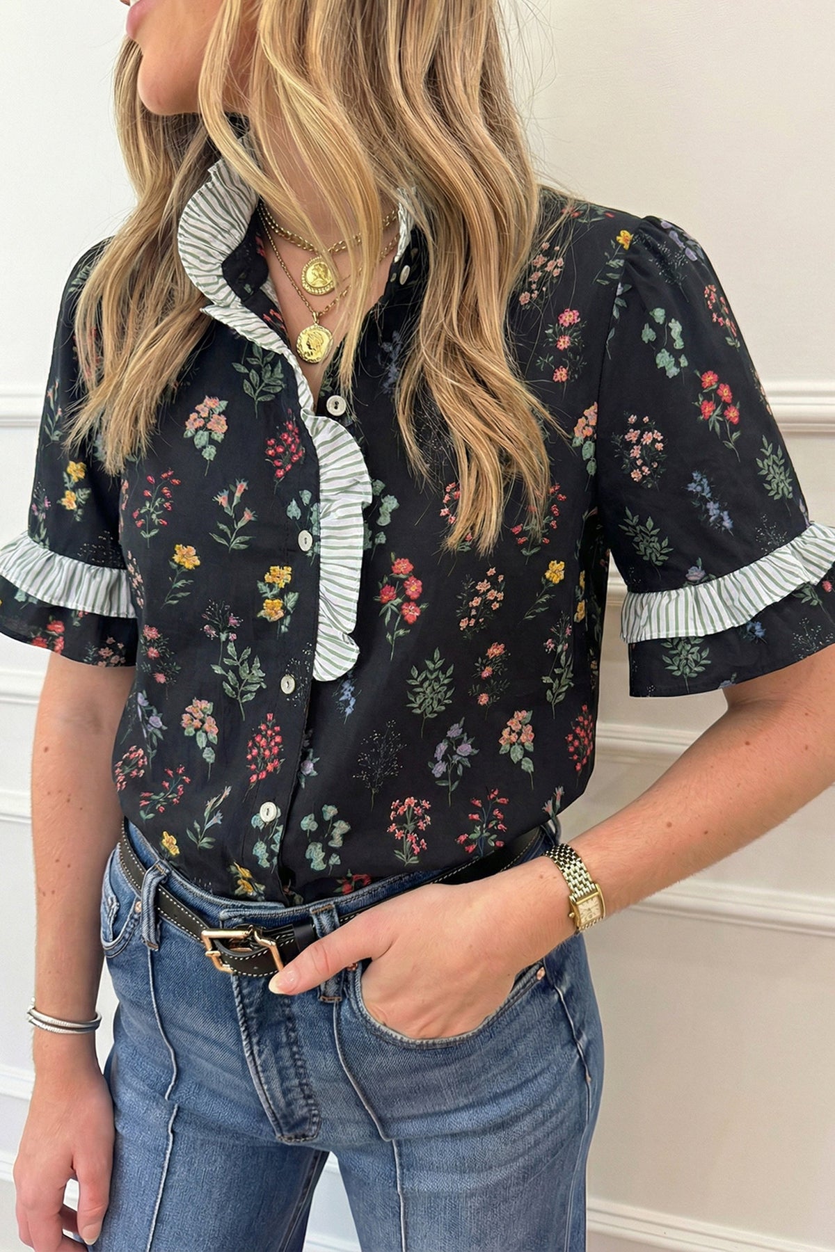 Midnight Meadow Contrast-Trim Blouse