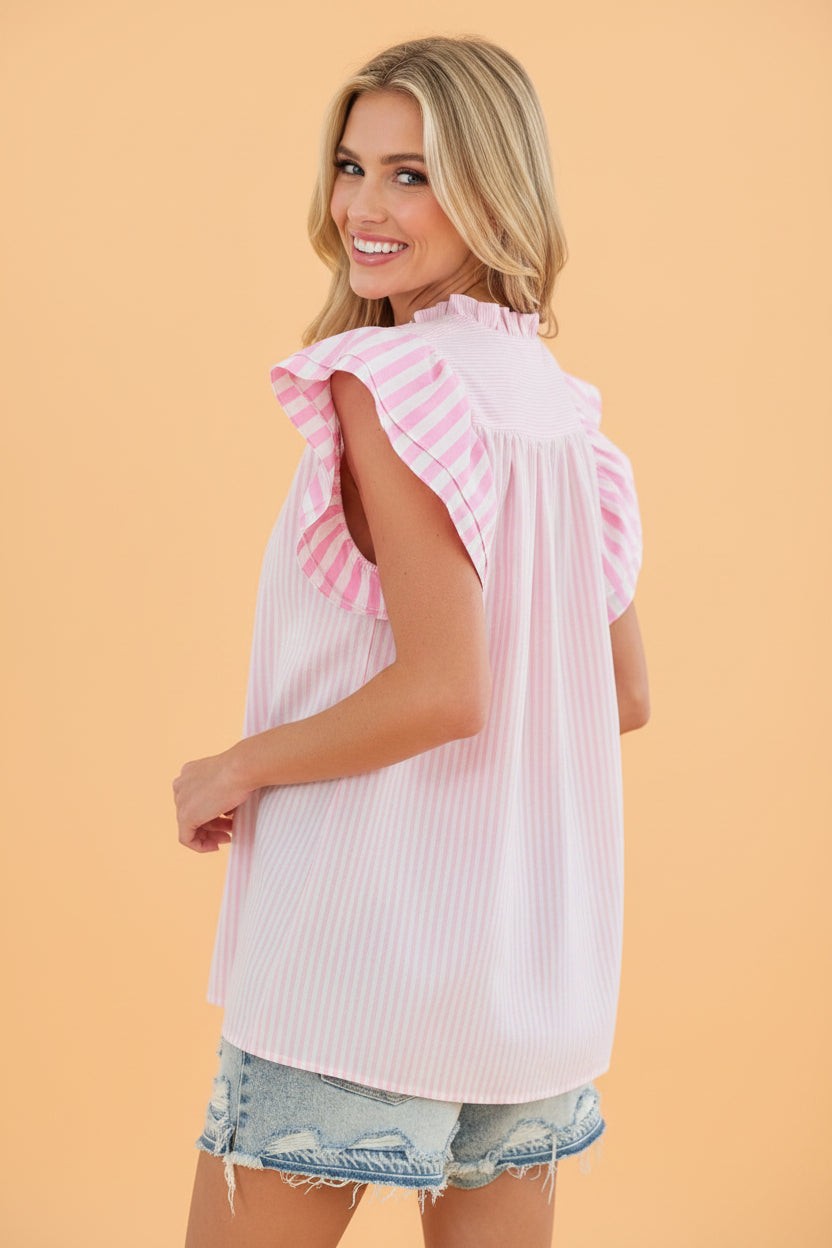 Blush Stripe Flutter Sleeve Blouse