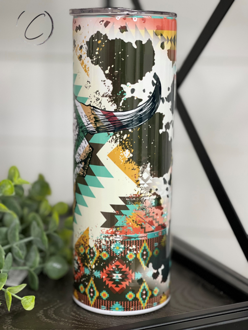 Aztec Bull Skull Skinny Tumbler | 20oz Western Travel Cup