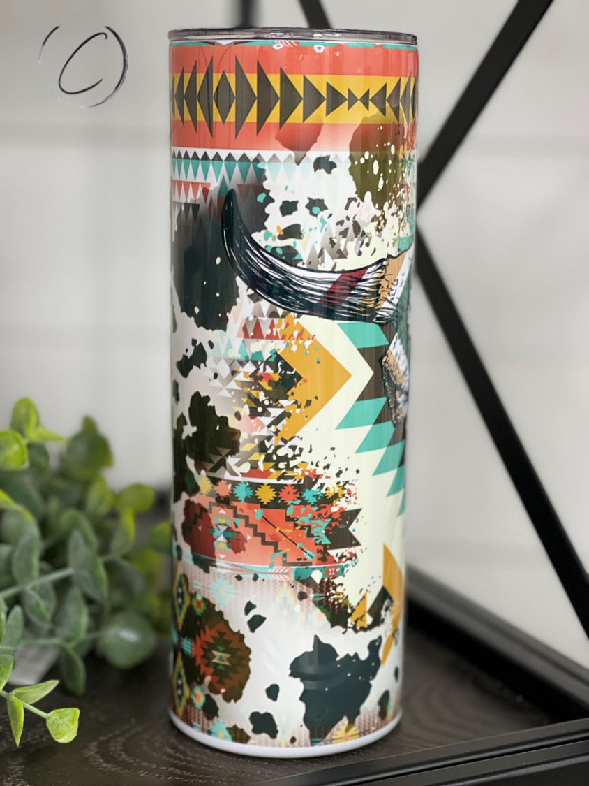 Aztec Bull Skull Skinny Tumbler | 20oz Western Travel Cup
