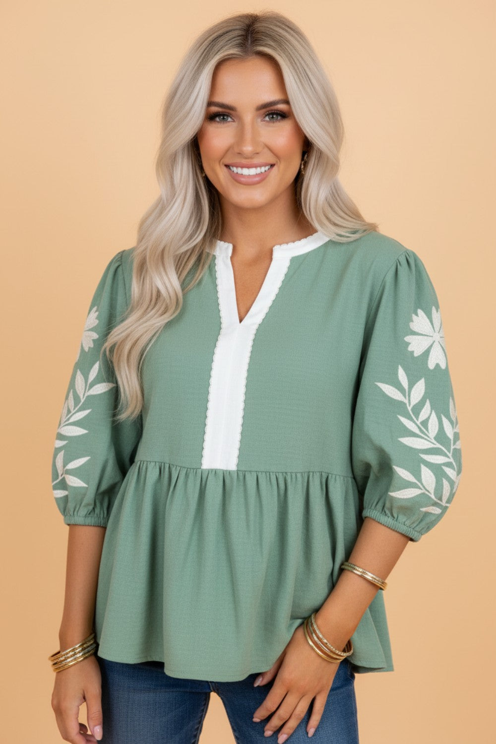 Floral Embroidered Puff Sleeve Blouse