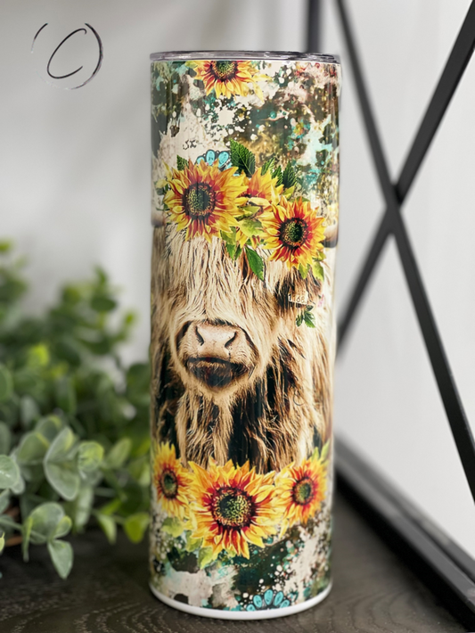 Sunflower Highland Cow Skinny Tumbler | 20oz Country Cup