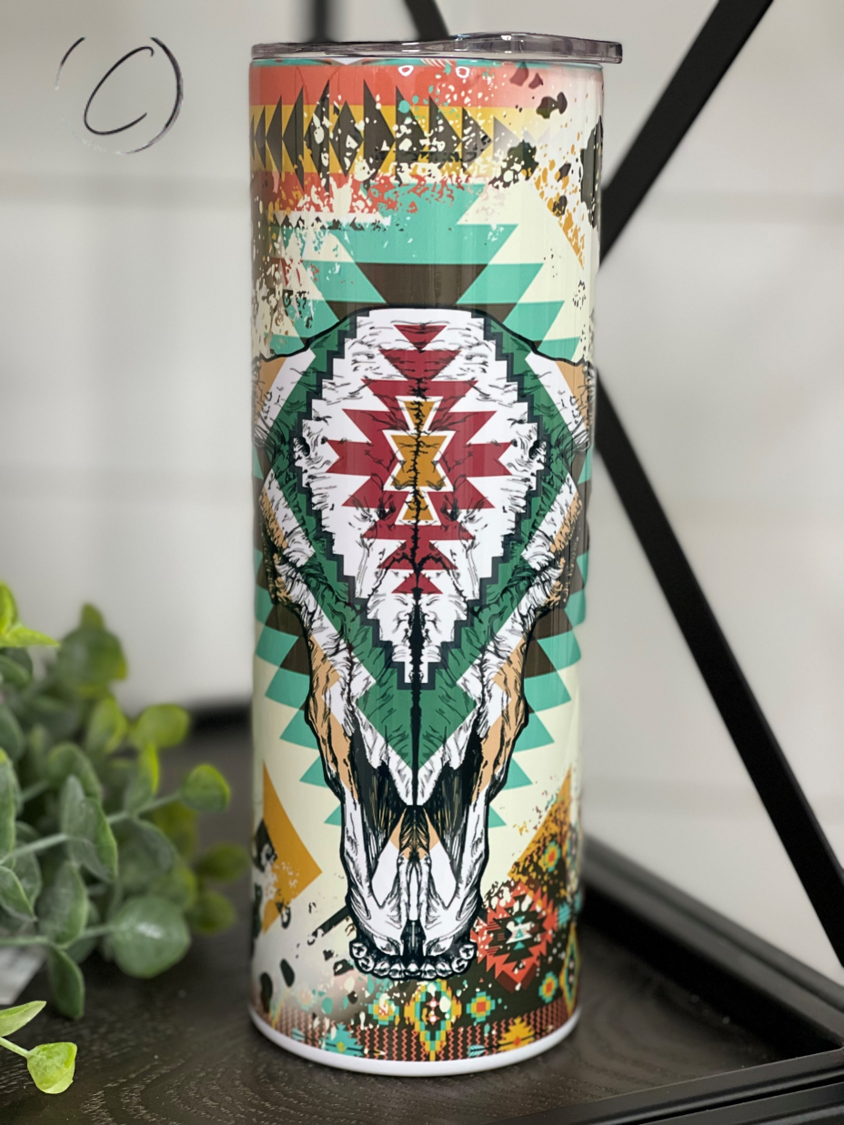 Aztec Bull Skull Skinny Tumbler | 20oz Western Travel Cup