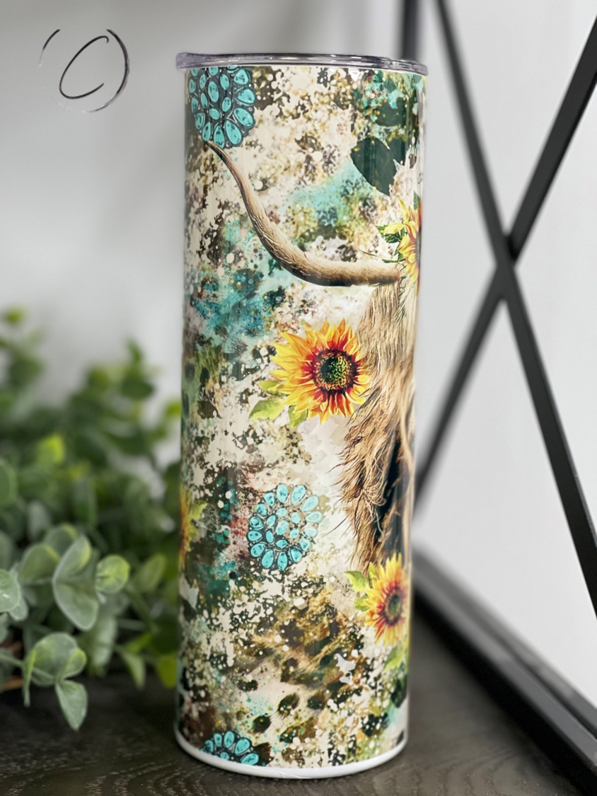 Sunflower Highland Cow Skinny Tumbler | 20oz Country Cup