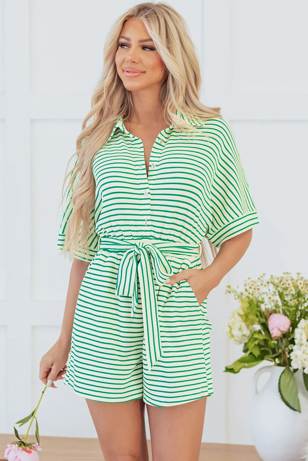 Sage Stripe Tie-Waist Romper