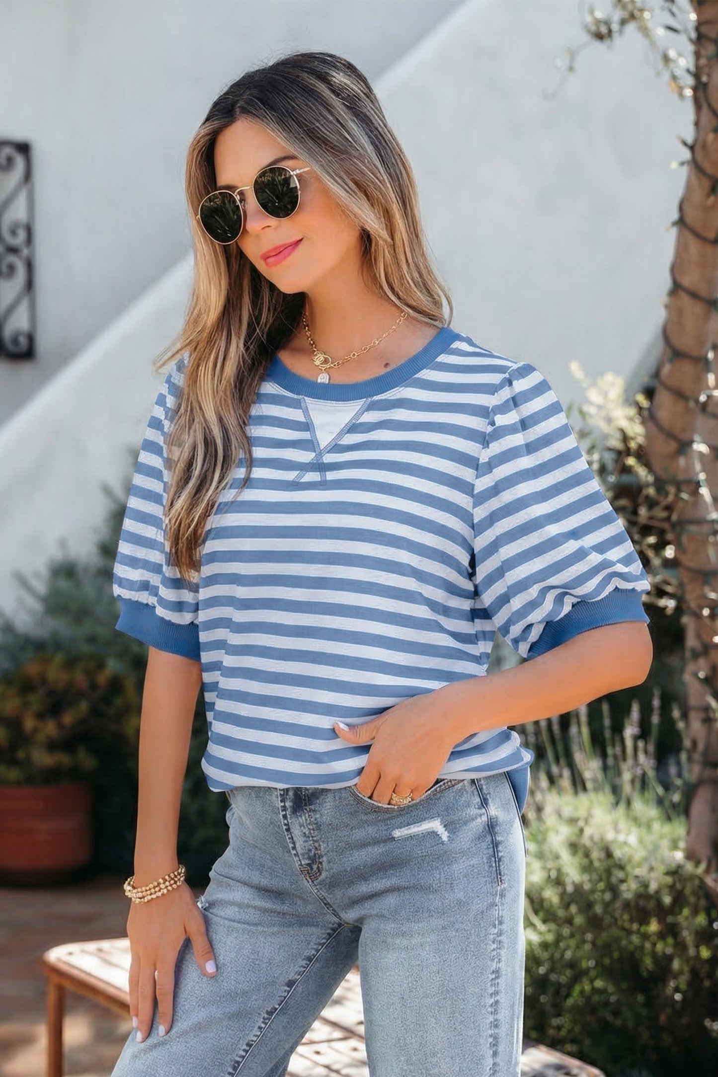 Canyon Stripe Bubble Sleeve Top