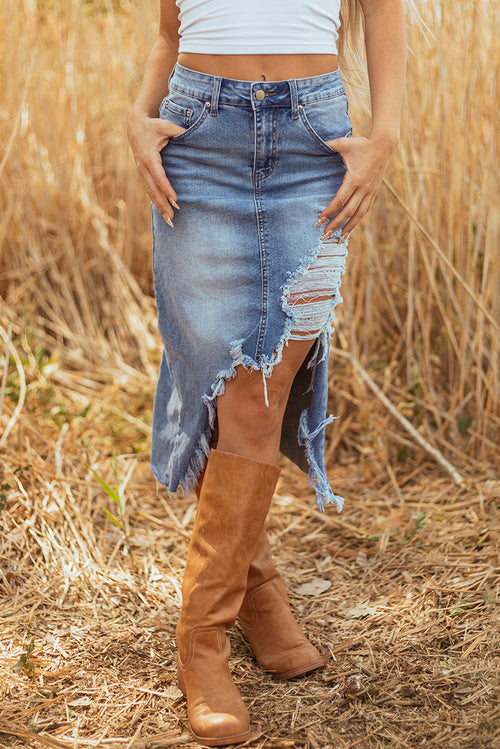 Dust Trail Distressed Denim Midi Skirt