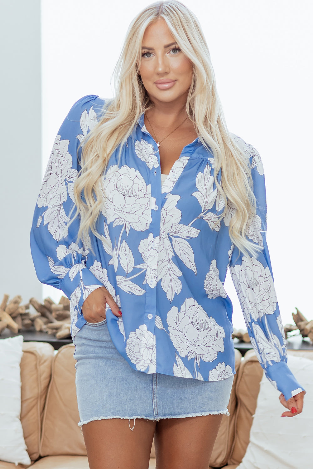 Blue Belle Floral Button-Up Blouse