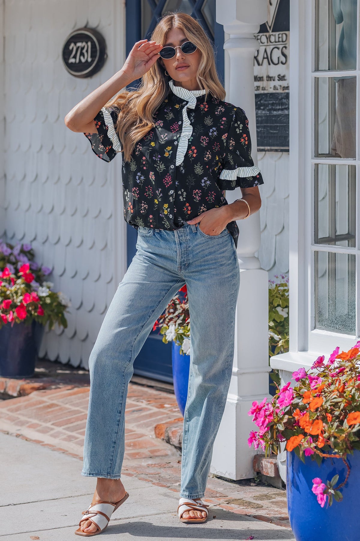 Midnight Meadow Contrast-Trim Blouse
