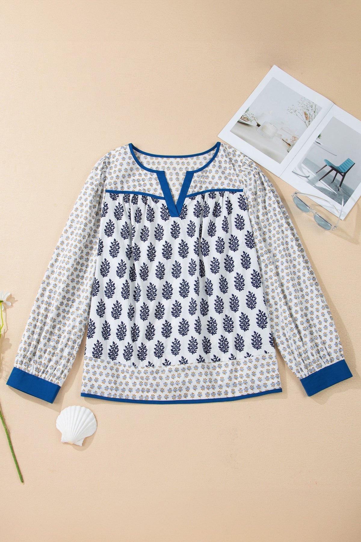 Blue Willow Cotton Puff Sleeve Blouse