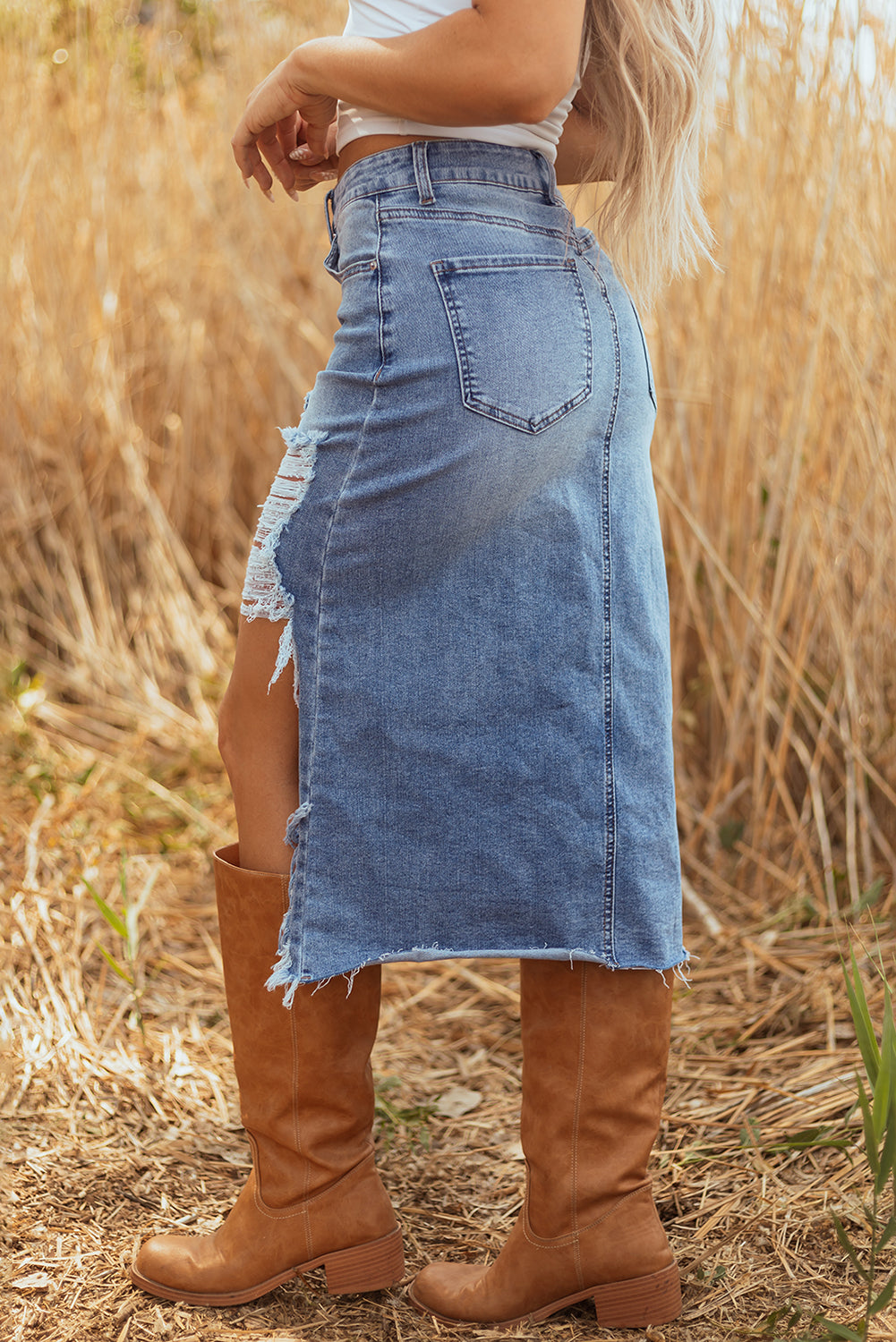 Dust Trail Distressed Denim Midi Skirt